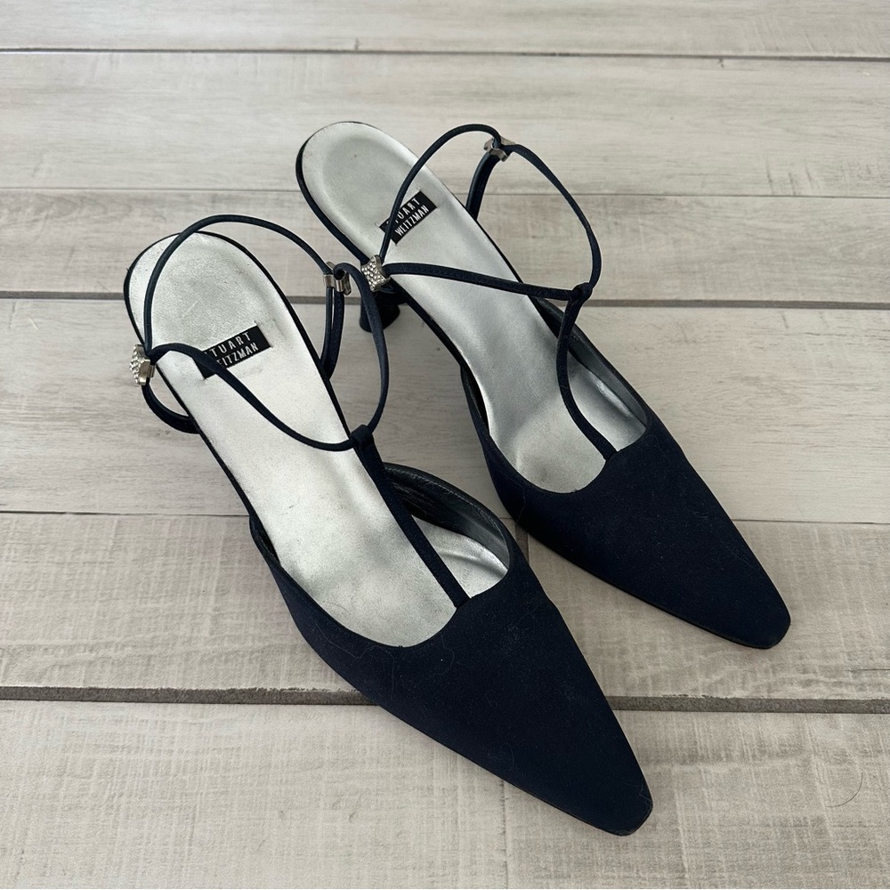 Stuart Weitzman Nicety T-strap Navy Pointed toe kitten heel slingback Sz 8.5